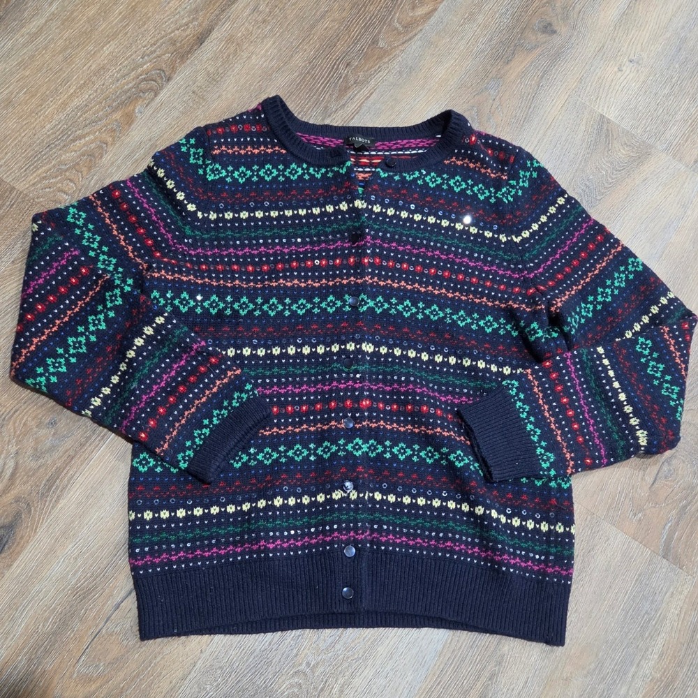 Talbots Womens Fair Isle Sequin Cardigan Sweater Navy Blue Lambswool Blend L